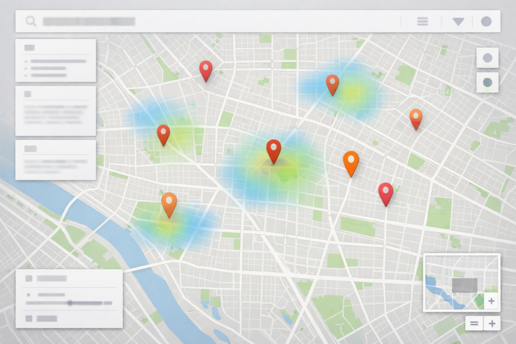 Carte avec épingles illustrant le SEO local multi établissements