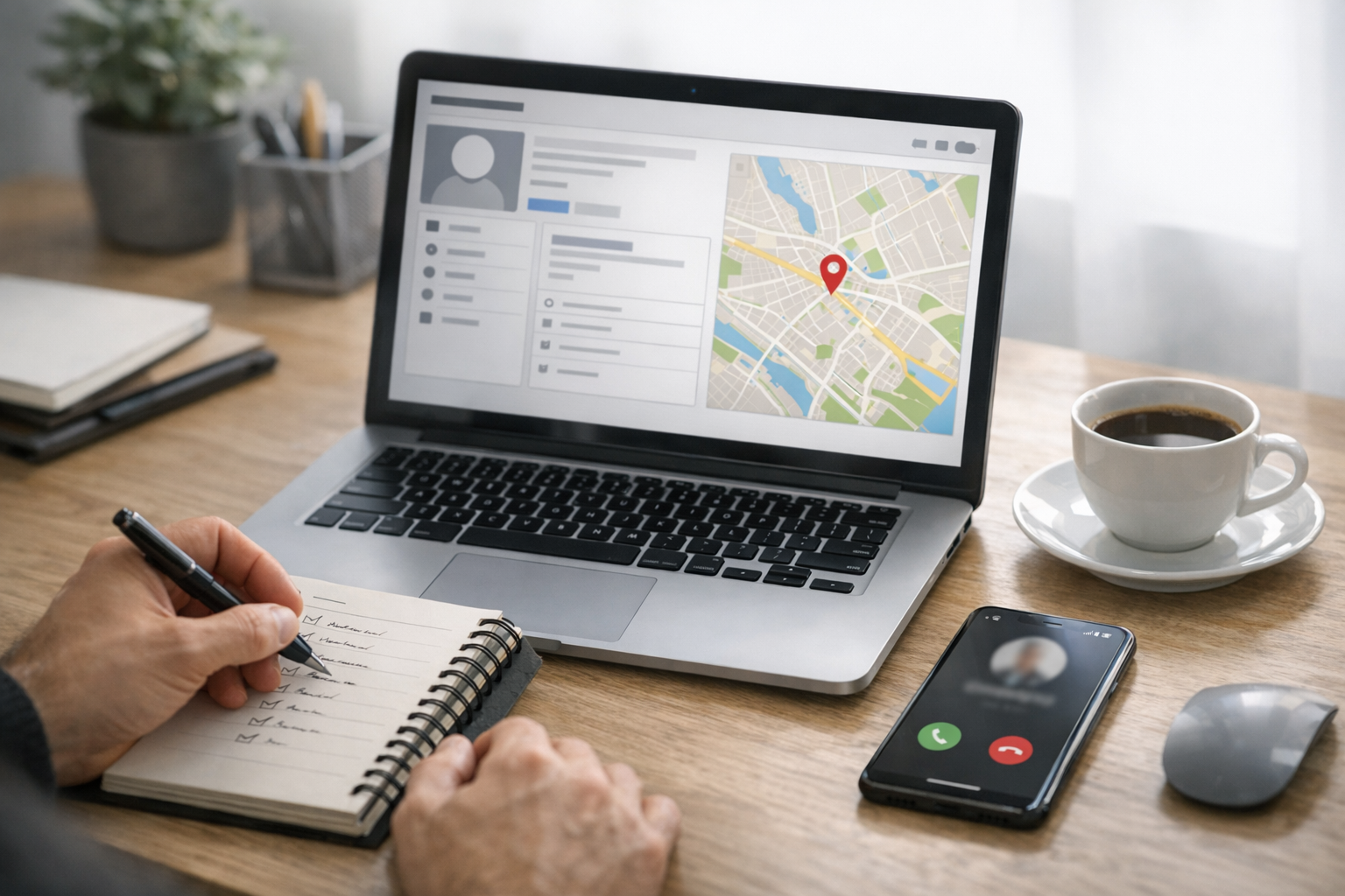 Optimisation Google Business Profile sur ordinateur avec carte et checklist