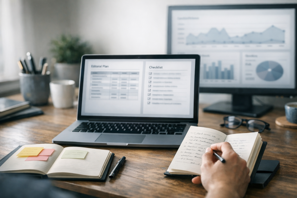 SOP contenu SEO avec l’IA : produire 8 articles par mois sans cannibaliser (brief, garde-fous, validation E-E-A-T) 2 Bureau avec ordinateur et notes pour un workflow IA contenu SEO