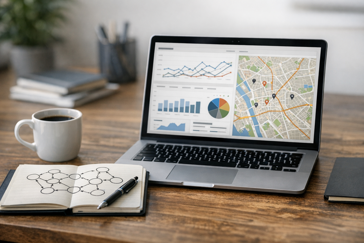 Bureau avec ordinateur affichant une carte et des analytics pour pages service ville SEO local