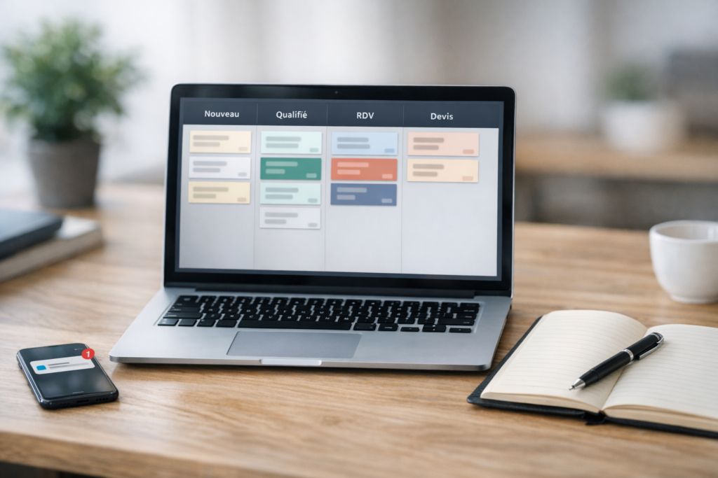 Bureau avec ordinateur affichant un pipeline pour automatisation qualification leads