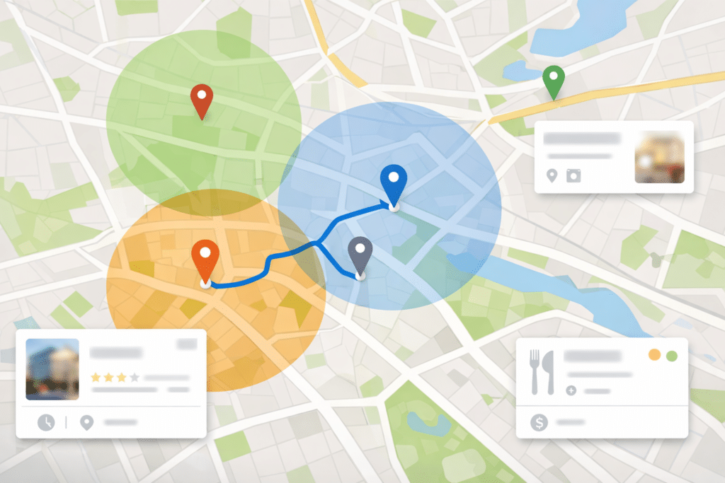 Carte avec épingles illustrant la visibilite locale entreprise