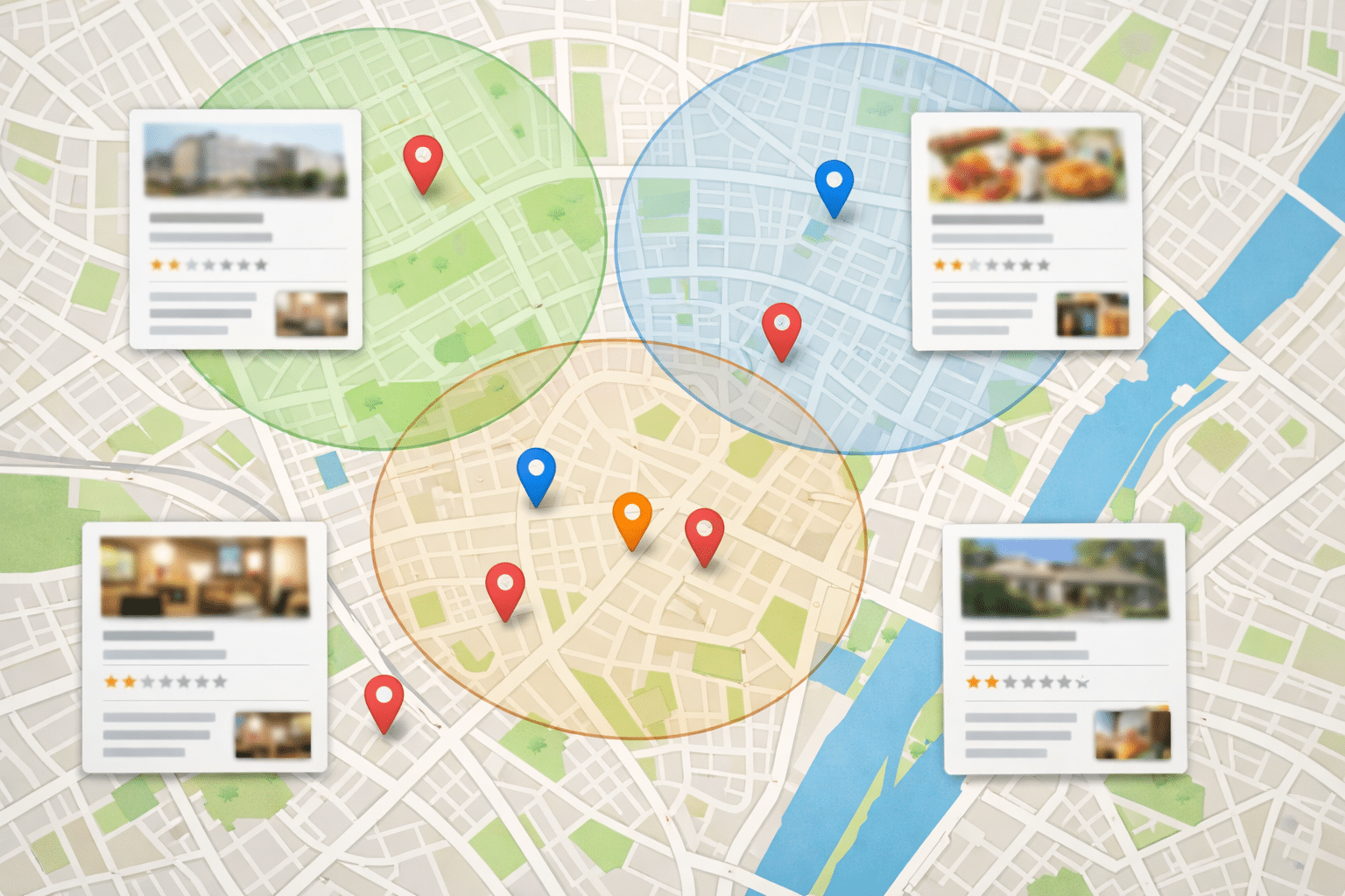 Carte Google Maps stylisée montrant une recherche locale, pourquoi je ne trouve pas mon entreprise sur Google