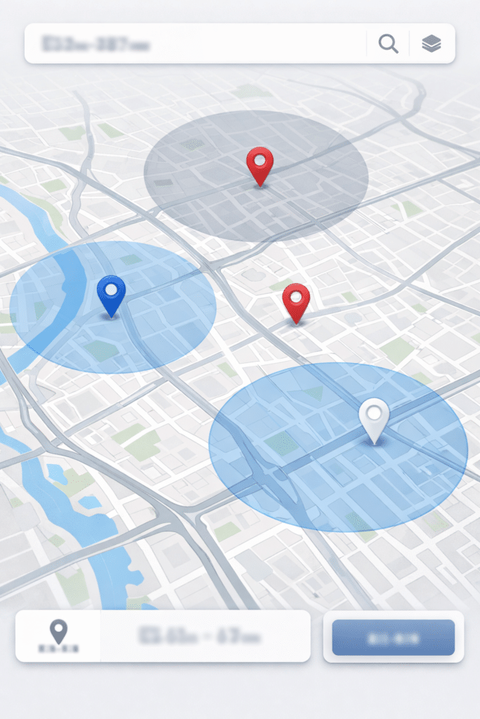 Carte avec épingles illustrant une entreprise locale invisible sur Google Maps